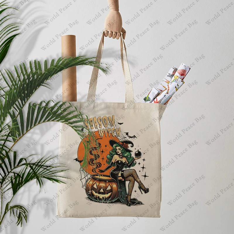 1 pc Halloween Witch patternTote Bag borsa a tracolla in tela per il viaggio borsa per la spesa riutilizzabile da donna per il pendolarismo