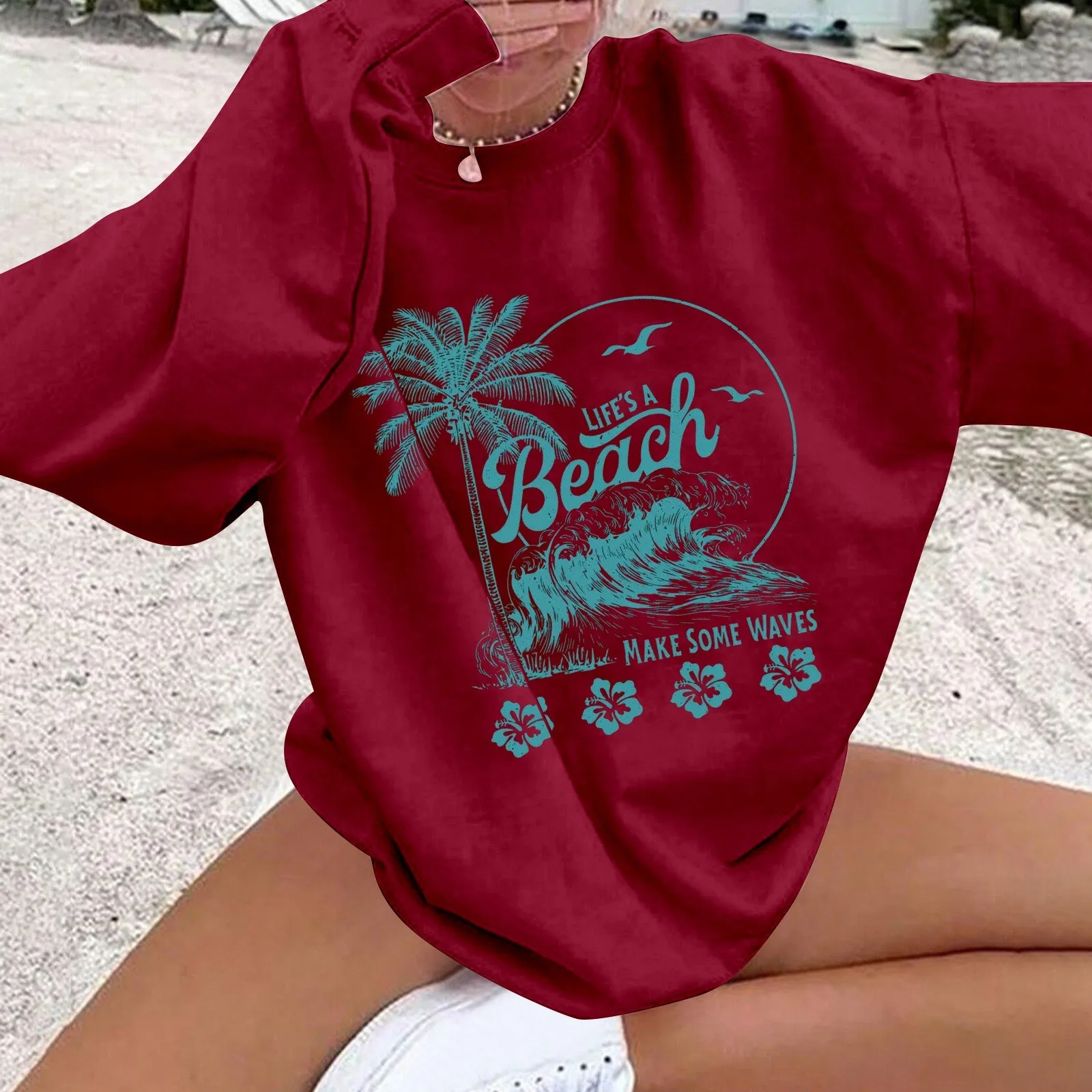 

Ladies Fun Beach Wind Knot Printed Hoodie Round Neck Long Sleeve Thin Fleece Hoodie Casual Loose Beautiful Simple Pullover