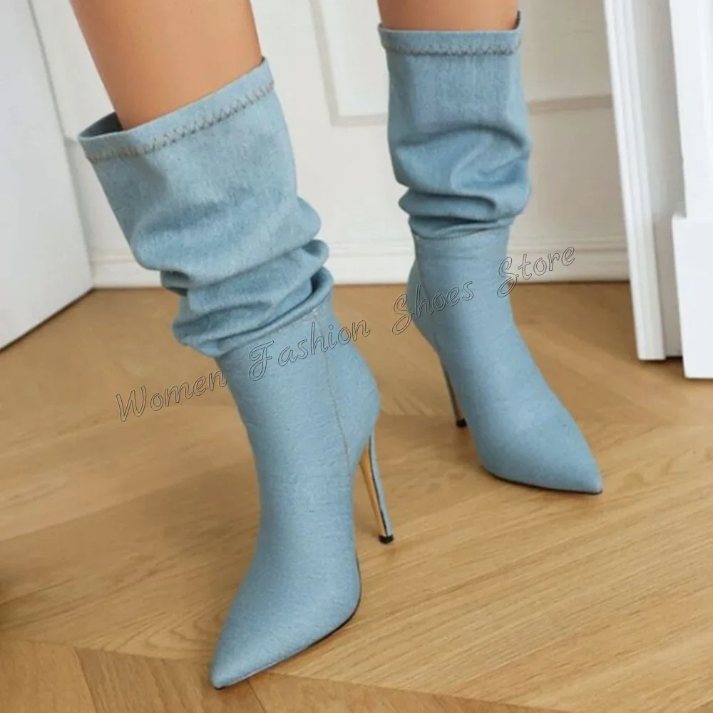Wathet Demin Pleated Boots Stilettos High Heels Slip on Mid Calf High Heel Shoes for Women Heels 2025 New Zapatos Para Mujere
