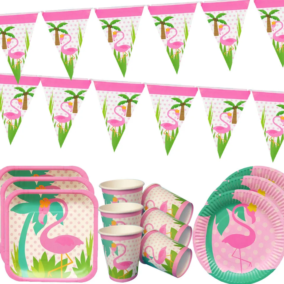 1set Flamingo Disposable Tableware Sets Round Paper Cups Plate for Flamingo Themed Wedding Summer Birthday Party Decorations