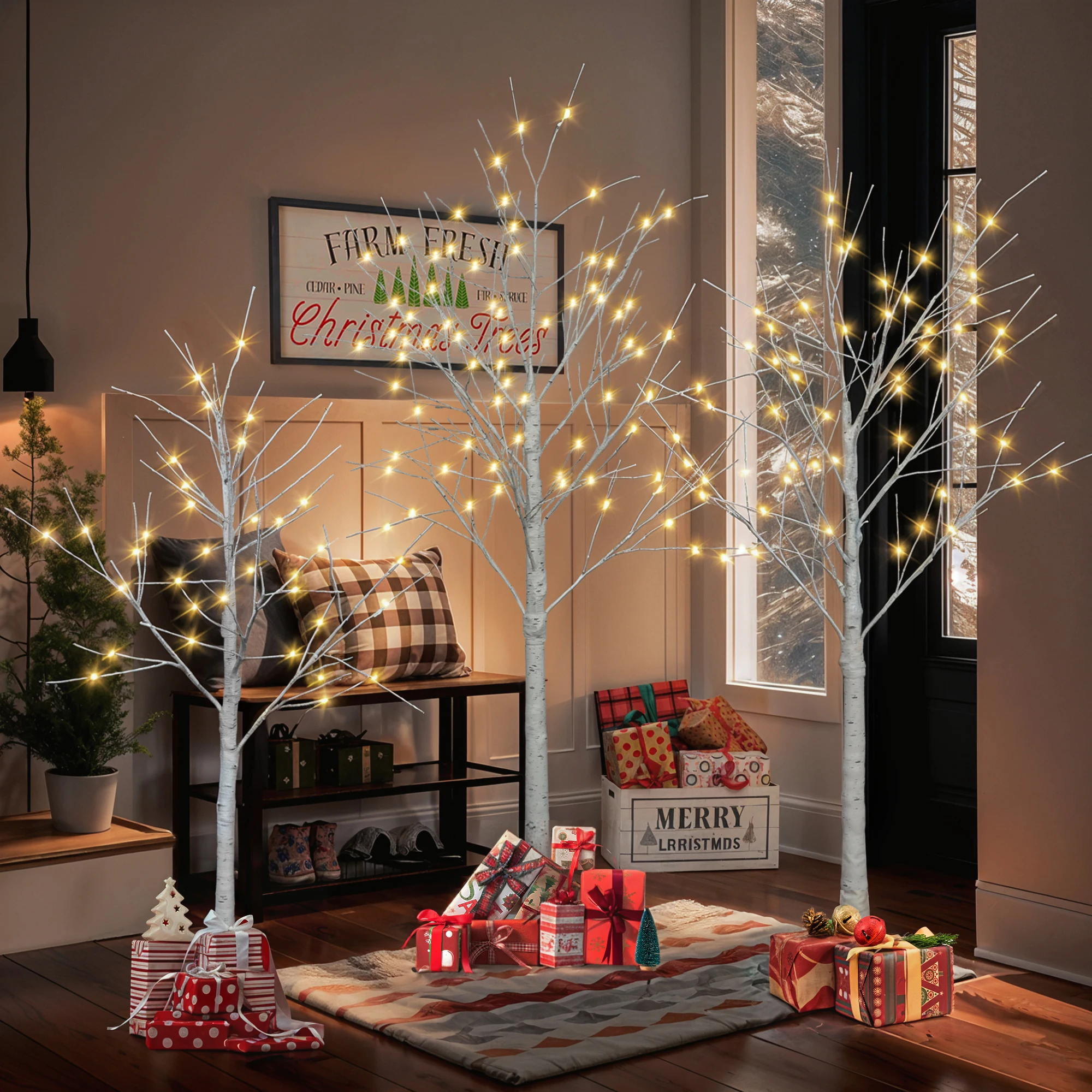 A set of birch trees with lights, 4 feet 48 LED/5 feet 72 LED/6 feet 96 LED artificial trees, Christmas tree