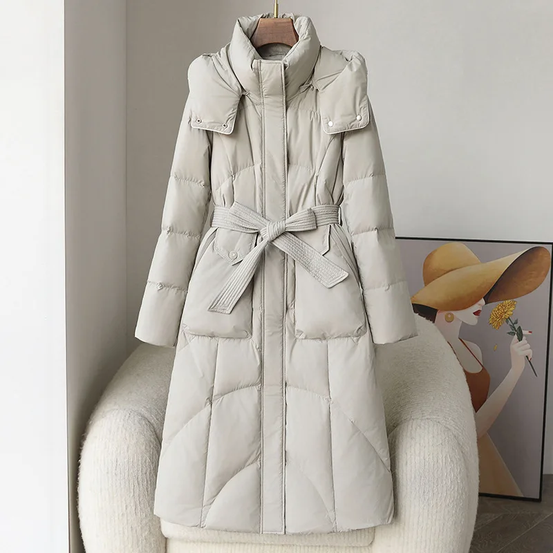 Down Jacket for Women White Duck Down Long Style Stand Up Collar Down Jacket for Warmth