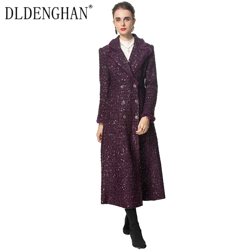 DLDENGHAN Autumn Double Breasted Sequins Tweed Coat For Women Turn-down Collar Long Sleeves Feathers Office Lady Outerwear