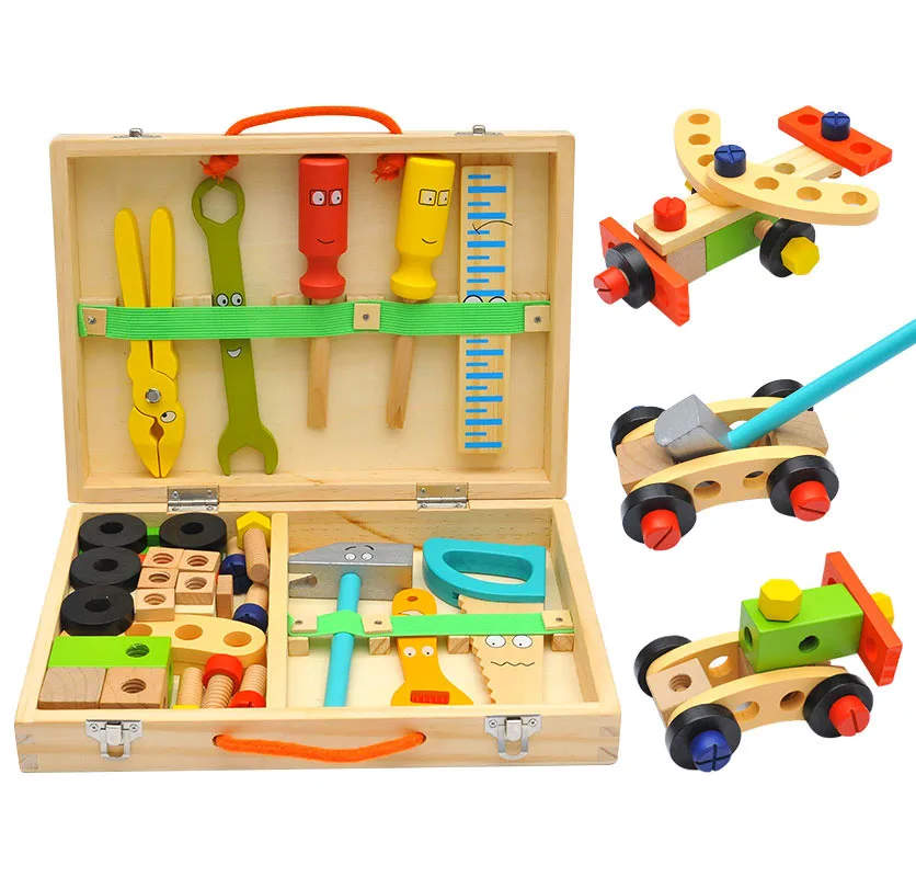 Kids Pretend Play Carpenter Toolbox Set, Plastic Wooden Nut Screw Assembly Toy, Children Simulation Role‑Play Interactive Gift