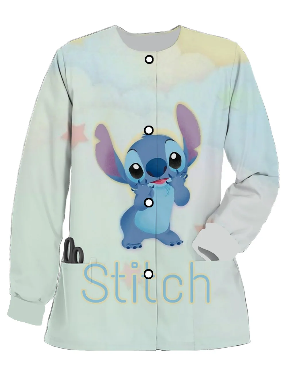 Women's Spring and Autumn Long Sleeve Scrub Nurse Uniform Disney Stitch Print Doctor Comfortable Work Uniform Jacket