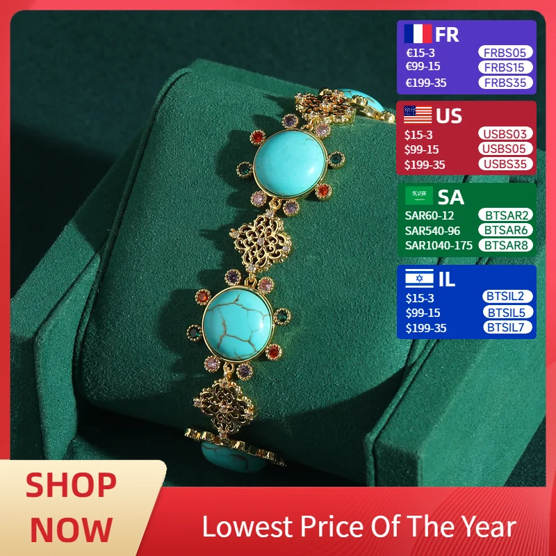 

Vintage Blue Turquoise Bracelet For Women Colorful Rhinestones Gold Color Sunflower Antique Bohemian Jewelry Accessories Boho