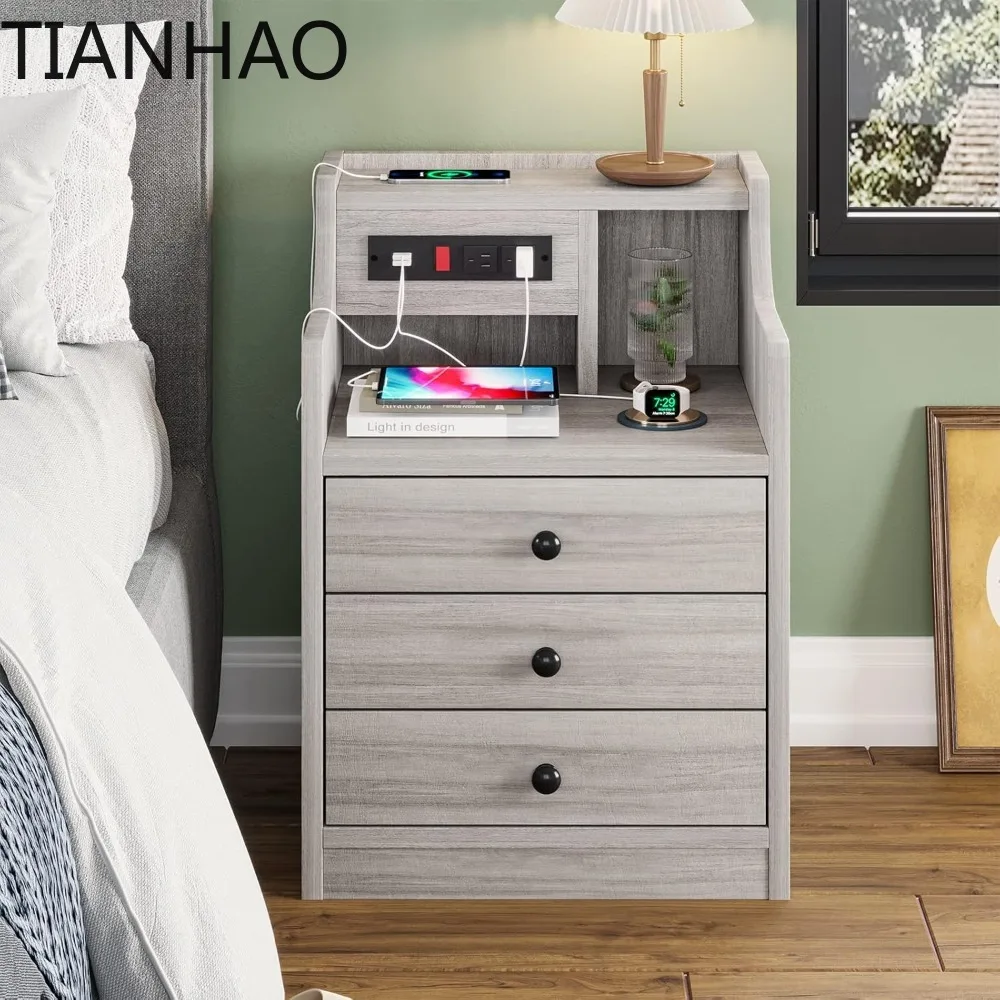 Nightstand with Charging Station for iPhone Android Tablets Night Stand with Hutch Storage Drawers End Table Side Table