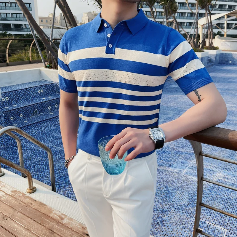 2023 Fashion Clothing Men's knitting Polo Shirt Short Sleeves High Quality Breathable Slim Fit Stripe Summer Top Plus Size 4XL