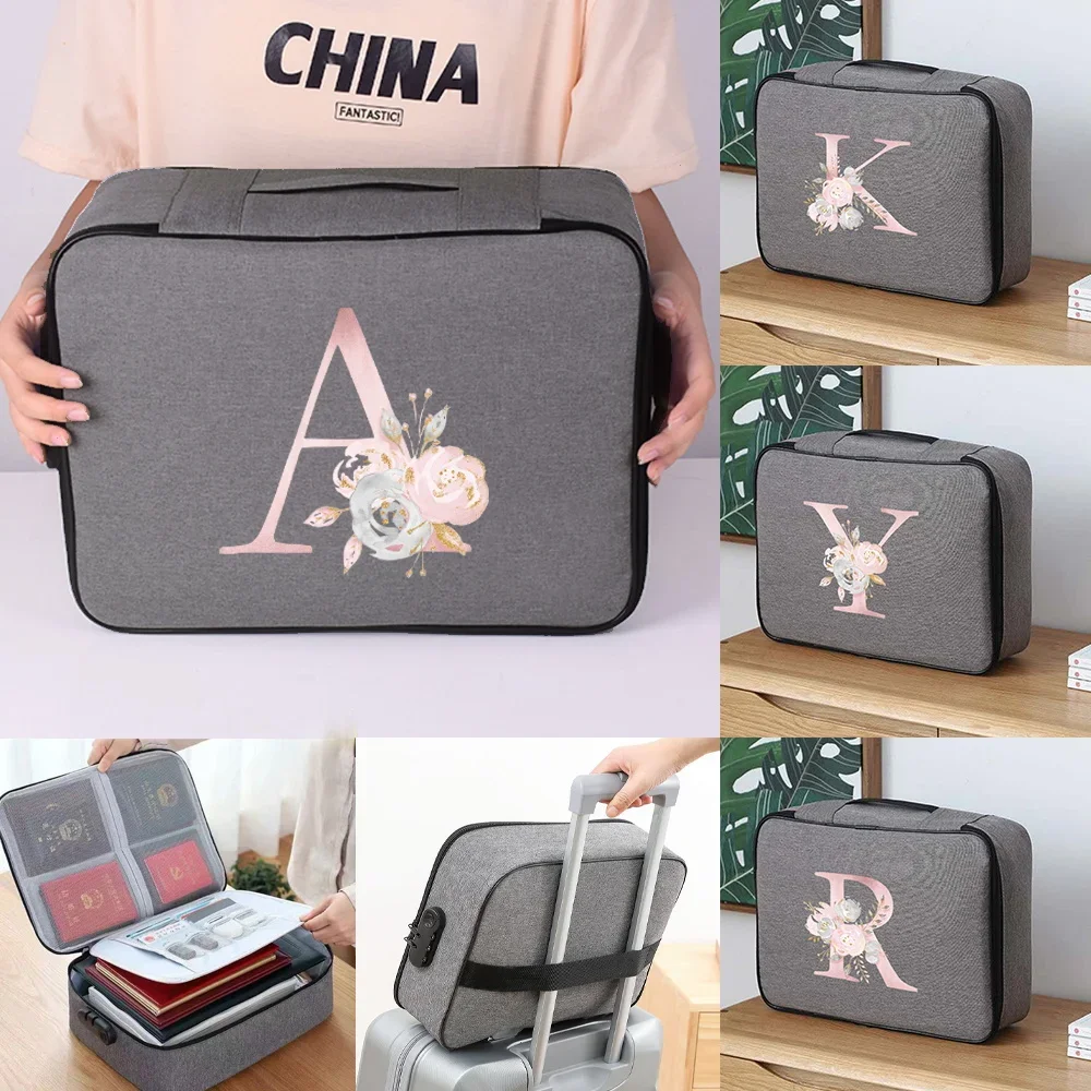 

Document Storage Bag Multi-layer Large Capacity File Bag Password Briefcase Organize Pouch Accessories Pink Flower Print Series