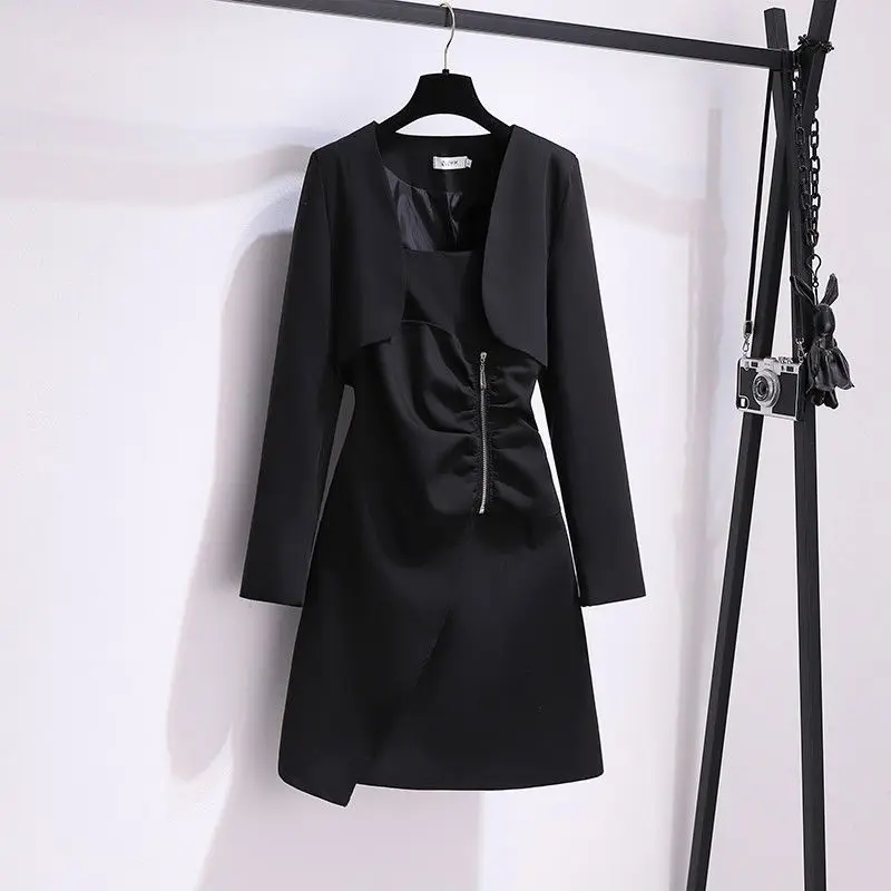 Spring Autumn New Large Size Women's Suit Jacket Two-Piece Set Sling Dress Suit Korean Matching