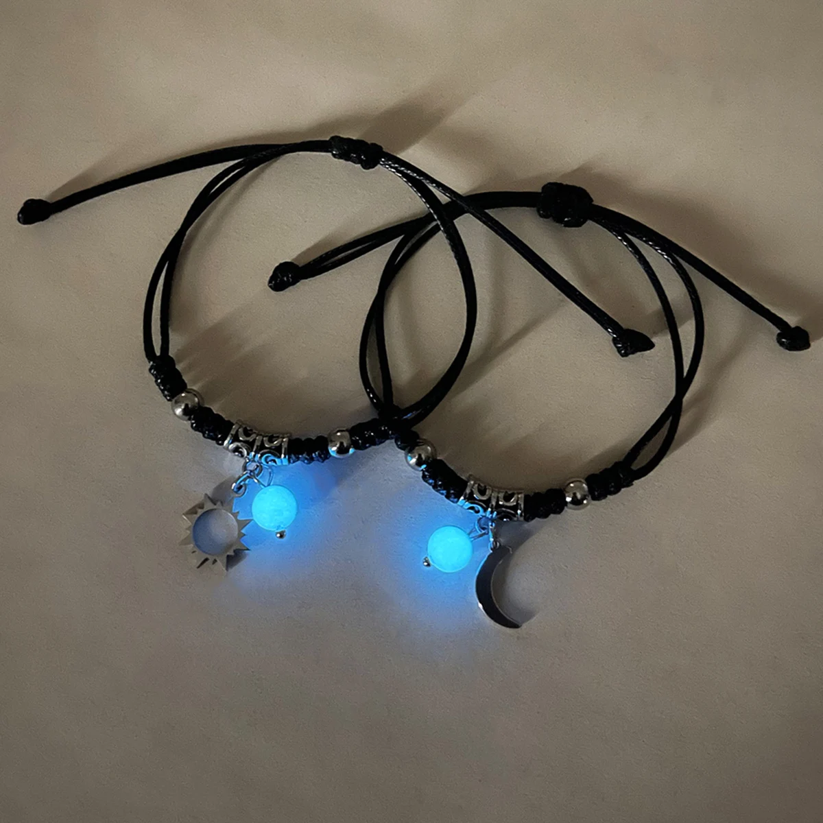 Luminous Beads Stainless Steel Knot Positioning Beads Couple Hand Rope Bracelet - Dual-Sided Moon Sun Design