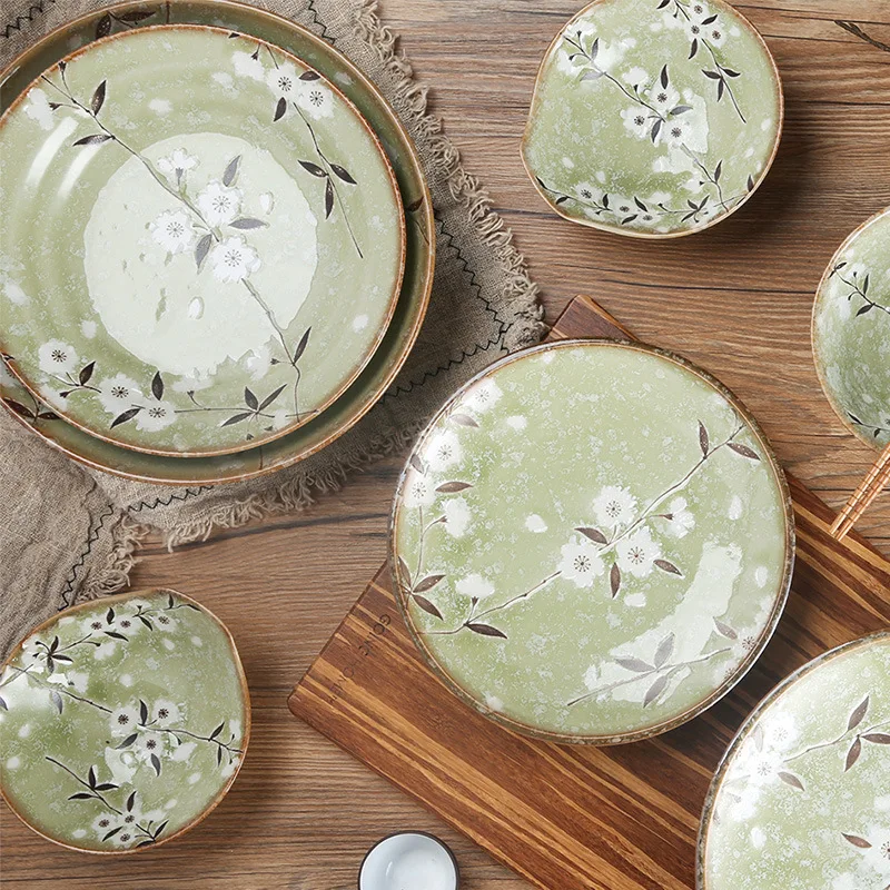 Japanese Household Light Green Flower Patterned Ceramic Rice Bowl Dish Plate Elegant Tableware