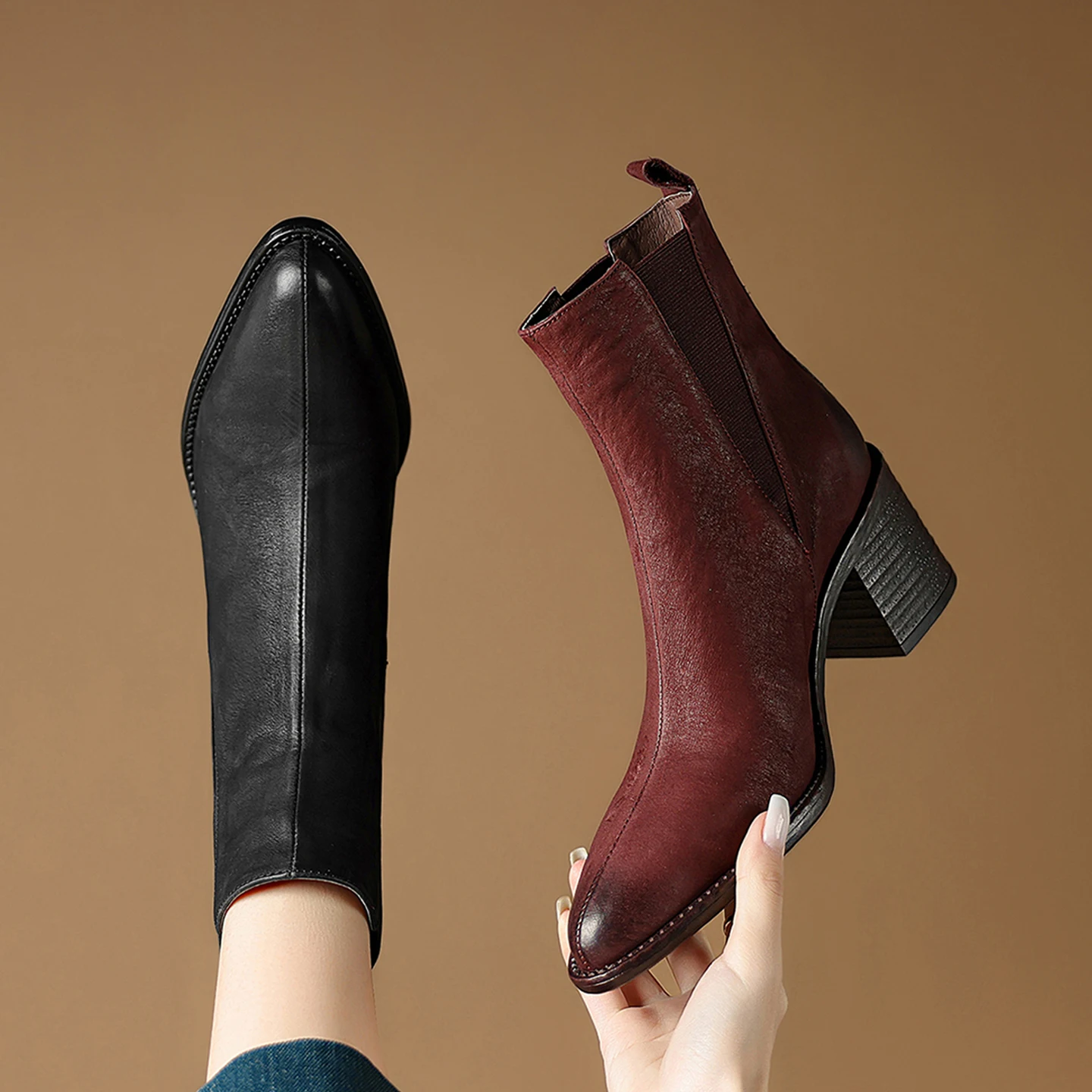 2026 new autumn winter women ankle boots natural leather plus size 22-25cm cowhide pointed toe thick heel chelsea boots fashion