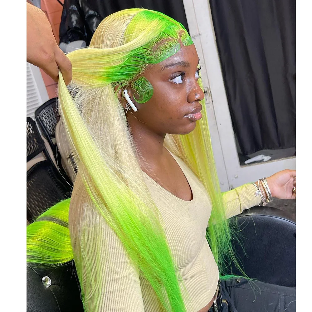 Green Roots WIth Blonde Omber Green Straight 13x4/13x6 Transparent Lace Frontal Human Hair Wig 180% Remy Preplucked Lace Wigs