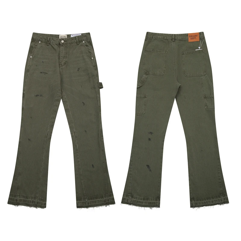 

Military Green Ombre Washed Denim Jeans Workwear Pants High Street Casual Trousers Patchwork Bell Bottoms for Men And Couples
