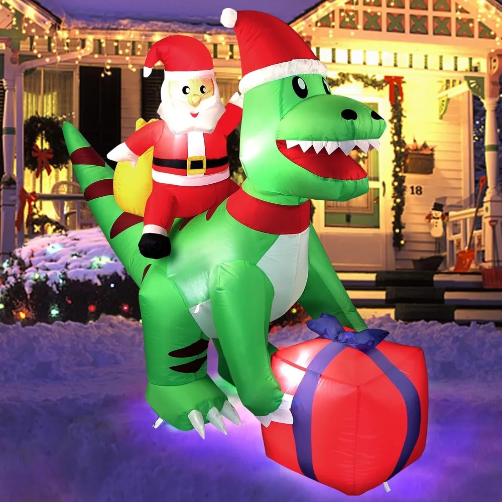 

5FT Christmas Inflatables Decorations Dinosaur Santa Claus, Indoor Outdoor Christmas Deco, Blow Up Dinosaur Santa Decoration