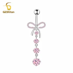 G23Titan Pink Zircon Bowknot Long Pendant Dangle Belly Button Ring 14G Titanium or Steel Curved Barbell Navel Piercing Jewelry