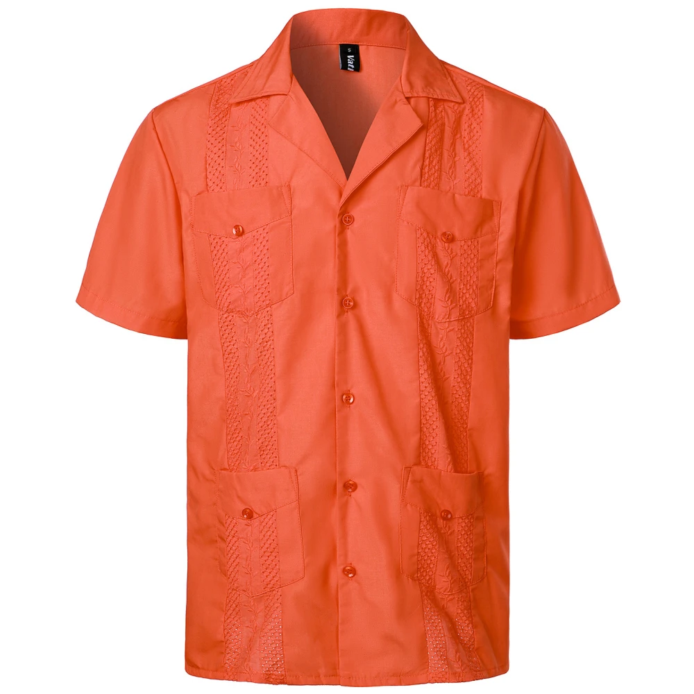 Orange Cuban Guayabera Shirt for Men\'s 2024 Short Sleeve Lapel Collar Shirt Male Embroidered Mexican Cigar Wedding Beach Shirt