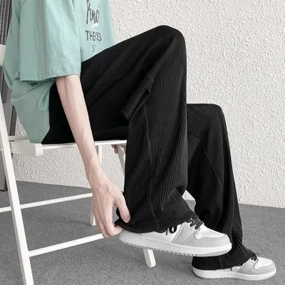 White Wide Leg Pants Men Summer Thin Ice Silk Casual Loose Straight Drapey Floor-Length Trousers Chiffon Suit Pants