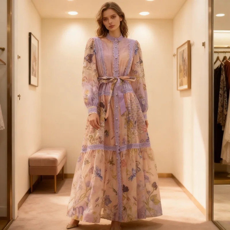 엘리 헤비 자수 레이스 트림 빈티지 랜턴 스탠드 칼라 프린트 벨티드 롱 드레스 캐주얼 하이 웨이스트 벨벳 원단