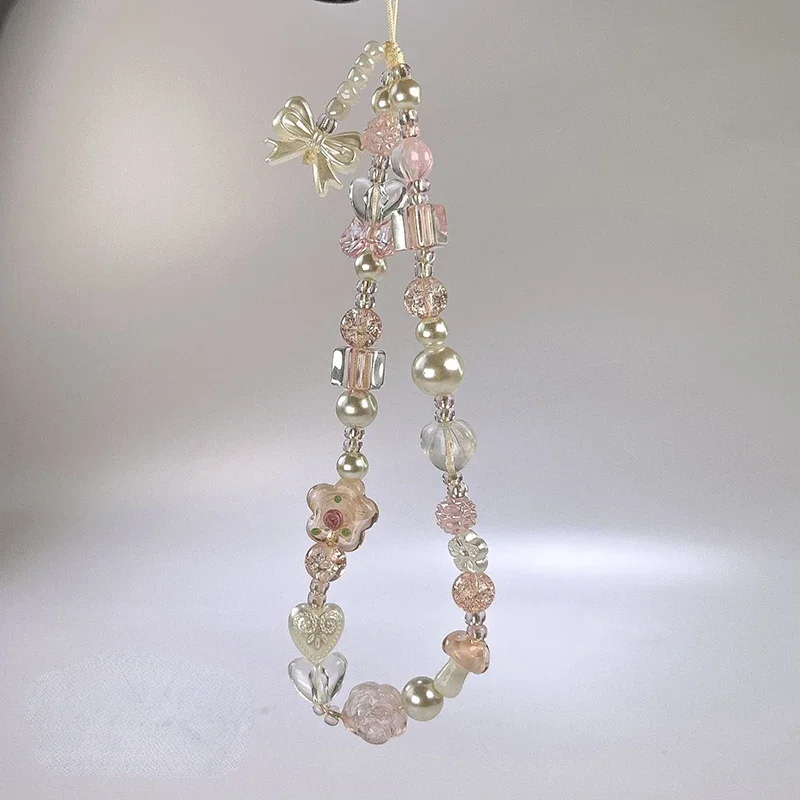 Cute Glass Bowknot Flower Bead Phone Strap Charm Chain Universal Lanyard for Cellphone Keychain Girl Bag Camera Airpods Case