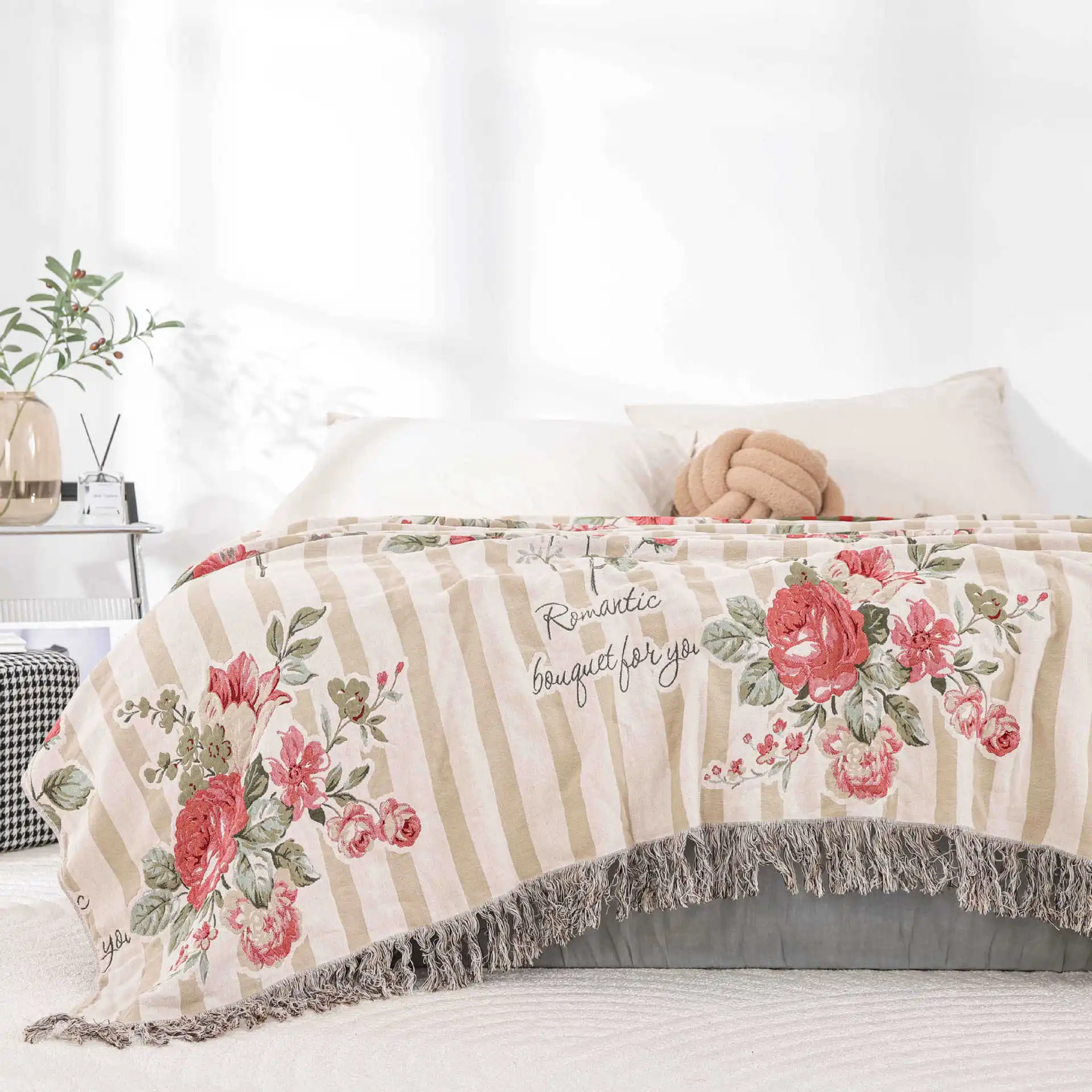 Double-Sided Jacquard Cotton Blanket, Bedspread on the Sofa, Flower Birds, 200*230 cm