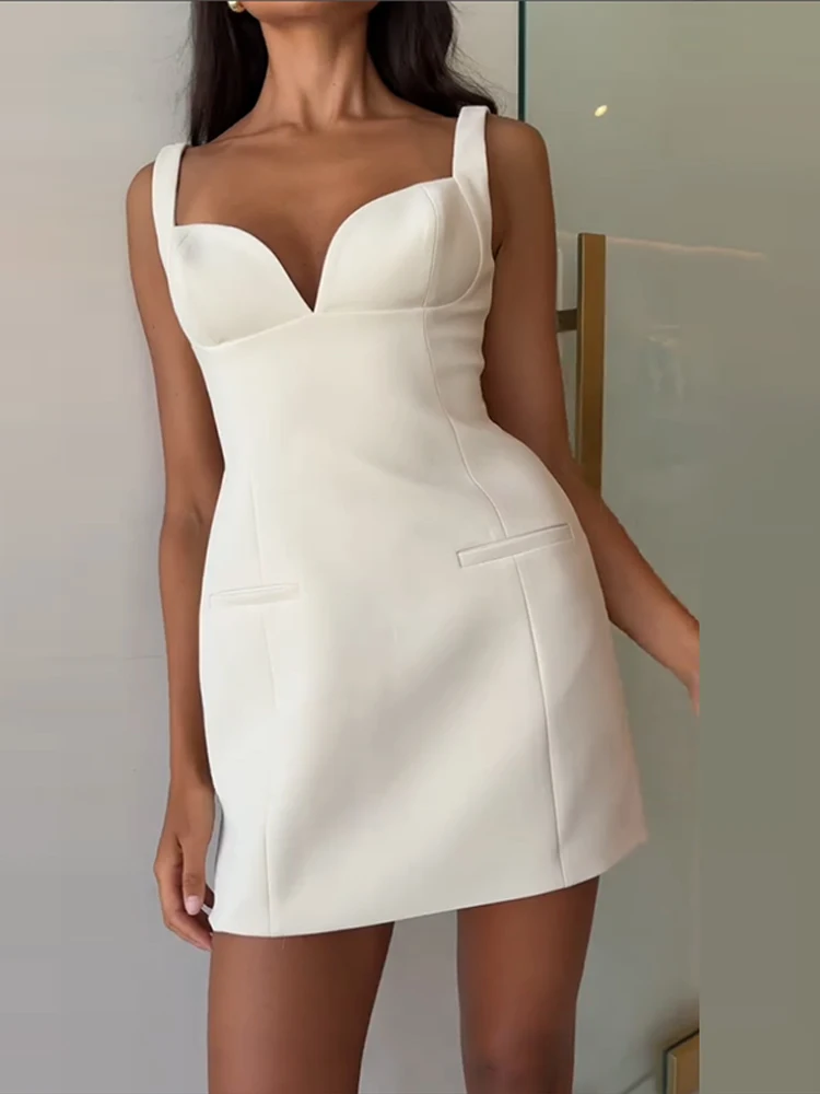 Elegant Blazerสลิงชุดสั้นผู้หญิงVคอBackless Slim A-Line Dresses 2025 ฤดูใบไม้ผลิฤดูร้อนLady ChicเดินทางRobes