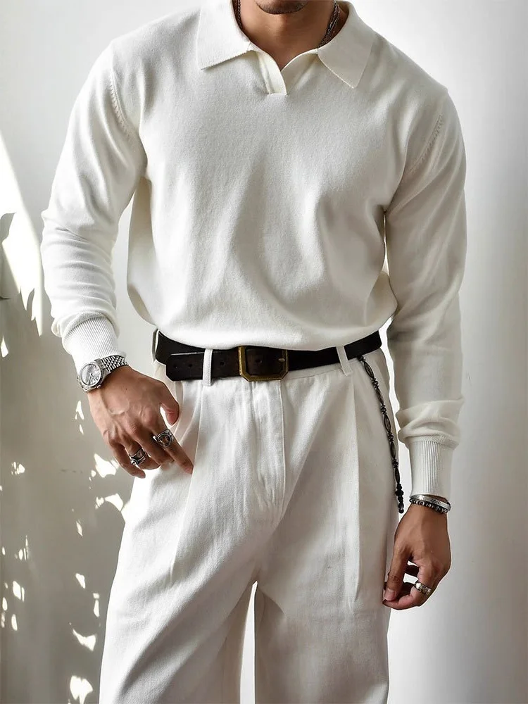 

Vintage Men's Lapel Knitting Polo Shirts Spring Autumn Casual Solid Color Knit Jumper Tops Mens Fashionable Long Sleeve Polos