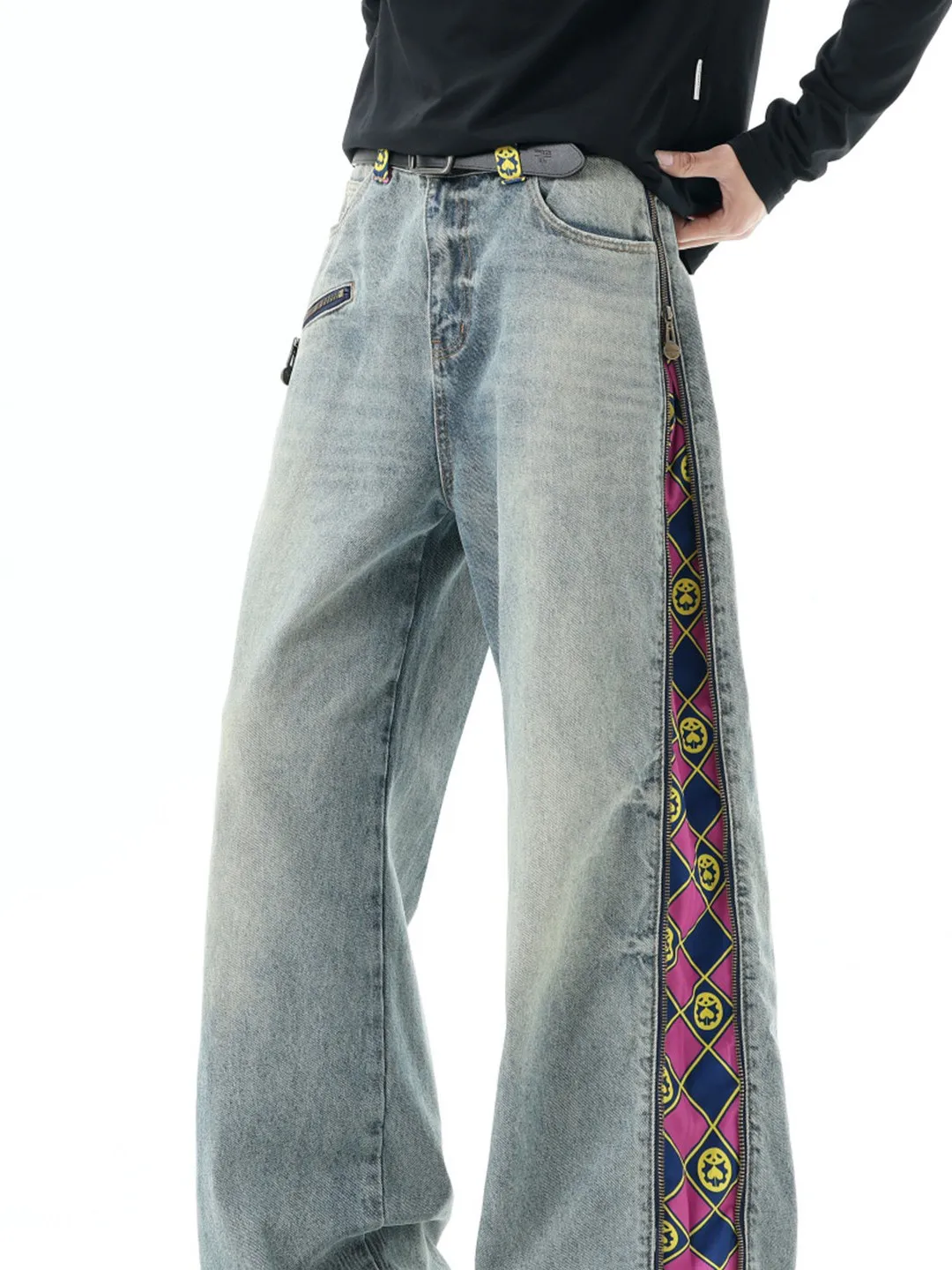American Style Plaid Denim Pants Men Summer Trendy Wide Leg Straight Cut Floor Length Trousers Retro Patchwork Jeans