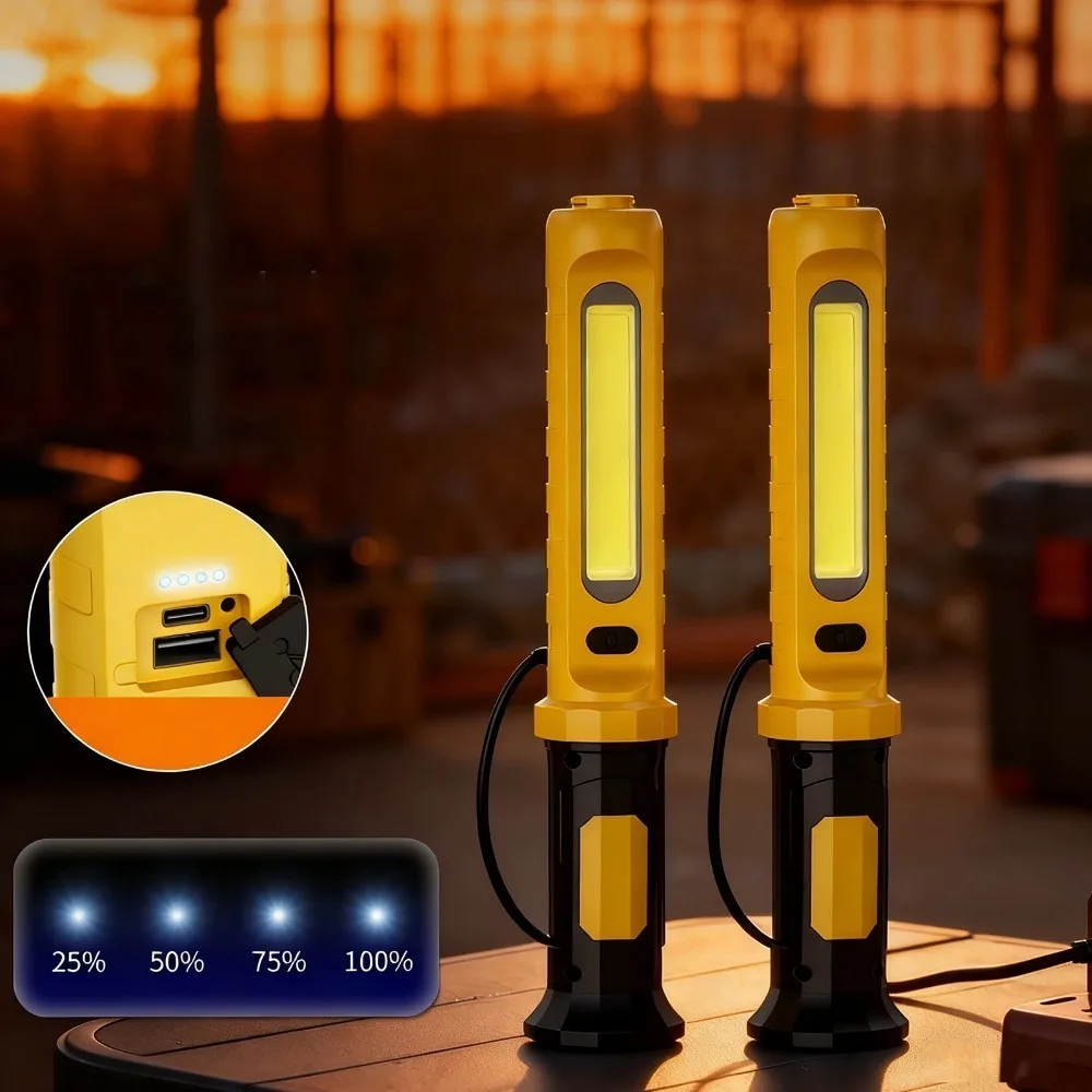 Magnetic Rechargeable COB Work Light with Hooks & Magnetic Base 2000LM Double LED Flashlight for Car Repairin Workshop Emergency