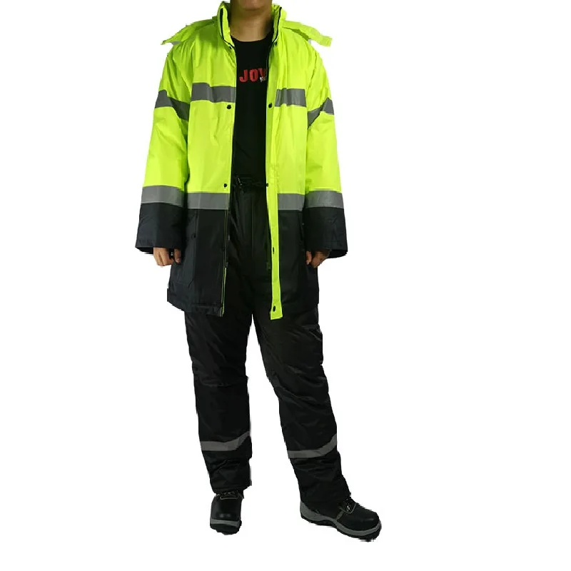 Hi Vis Winter Work Clothing Fluorescent Reflective Workwear Uniforms Detachable Lining Water Proof Cold Storage Worker Coveralls