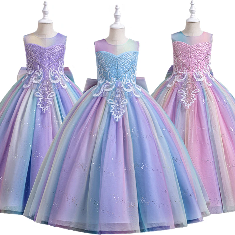 

Pageant Girl Shiny Rainbow Tulle Fluffy Wedding Bridesmaid Elegant Party Dresses Formal Children's Graduation Ceremony Costumes