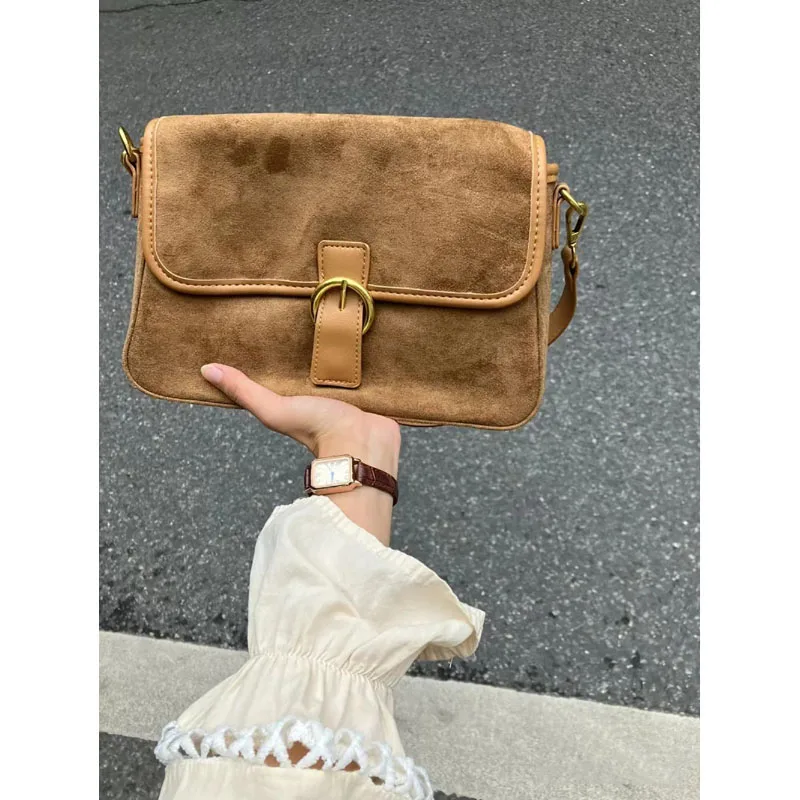 Korean Fashion Vintage Faux Suede Fabric Shoulder Bag High-End Texture Women\'s New Velvet Underarm Bags Large Capacity Handbag