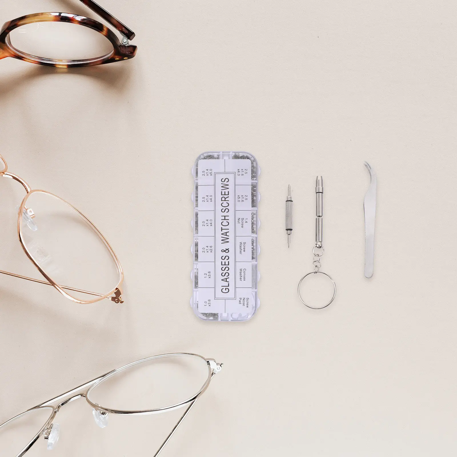 Eyeglass Repair Tool Kit Glasses Screws Screwdriver Tweezers Metal Plastic 8 Types Screws 2 Washers 1 Nut Nose Pads Eyewear