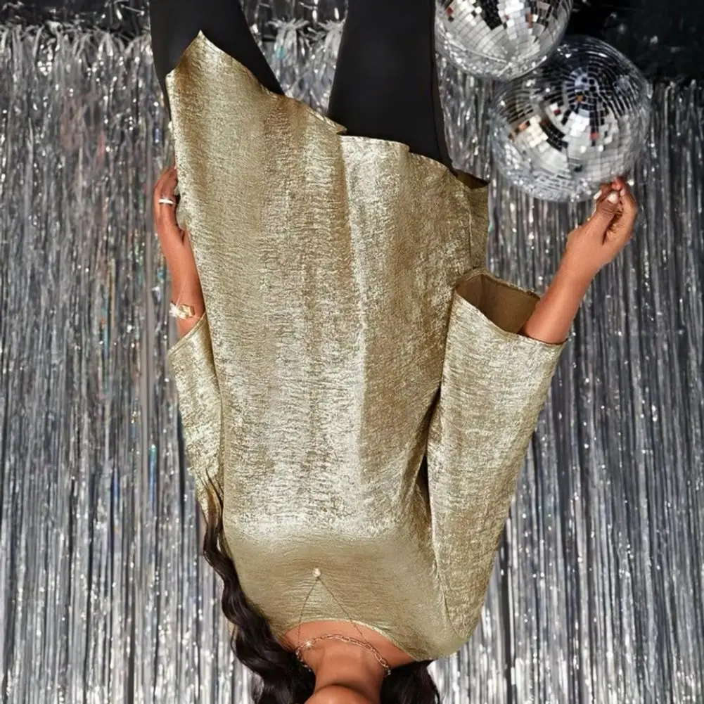 

Женская блузка с блестящей текстурой, топ с круглым вырезом, девятая длина, рукав, блузка средней длины, сверкающая футболка с неровным подолом, блестящая текстура, 2025 г.