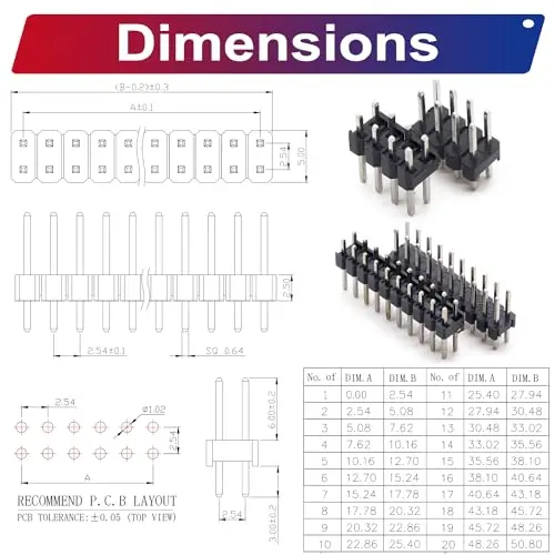 Jogo duplo do conector do MERGULHO da fileira, encabeçamento masculino do Pin, 2.54mm, 2Pin, 3 Pin, 4 Pin, 5 Pin, 6 Pin, 7 Pin, 8 Pin, 9 Pin, 10 Pin, 12Pin, reto