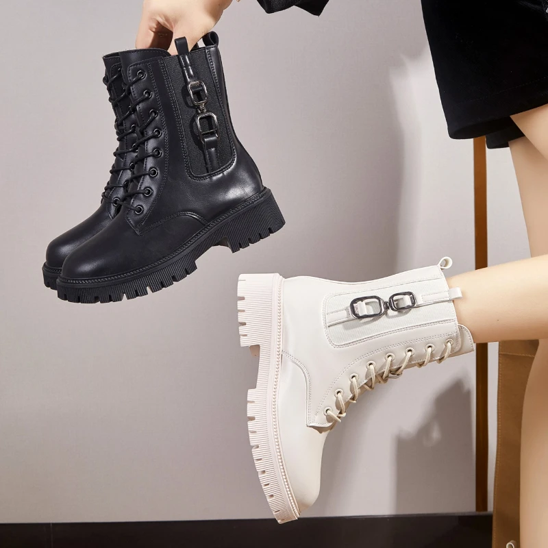 

Новые зимние пикантные элегантные повседневные рыцарские сапоги, удобные и облегающие модные женские ботинки среднего кроя на толстой подошве