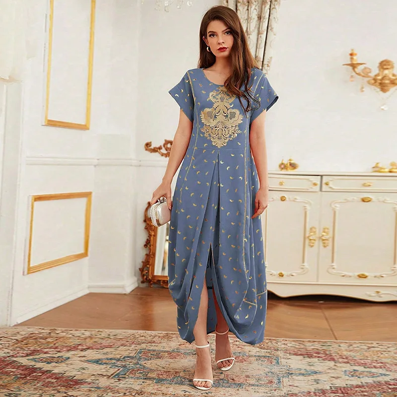 

Middle East Women's Fashion Crew Neck Decal Gold Dress Loose Waist Evening Dress Simple Temperament Elegant Holiday Style High-e