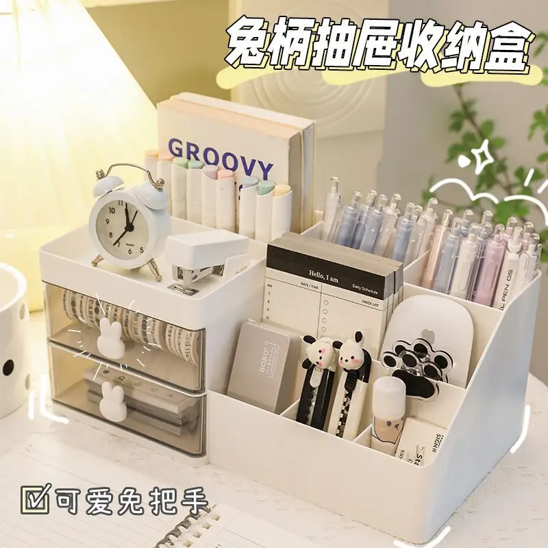 Desktop Transparent Cosmetics Storage Box Desktop Organizer with Drawers Pen Holder Stationary Storage Rack for Office Desks