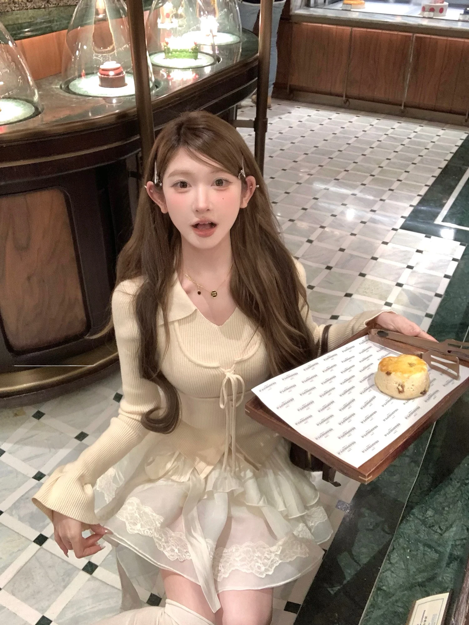 

Sweet Sle Long Sve Knitted Sweater ort Top Wooden Cotton Floss Language Bow Tie Yellow Milk Rice Spring Faion Ladies...