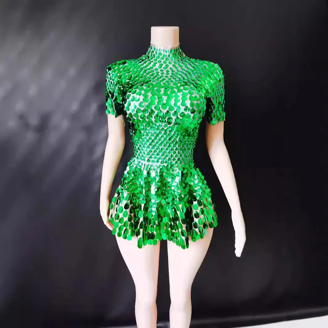 Summer New Green Round Collar Sequin Tight Sexy Mini Dress Halter Backless Zipper Evening Party Dance Dress