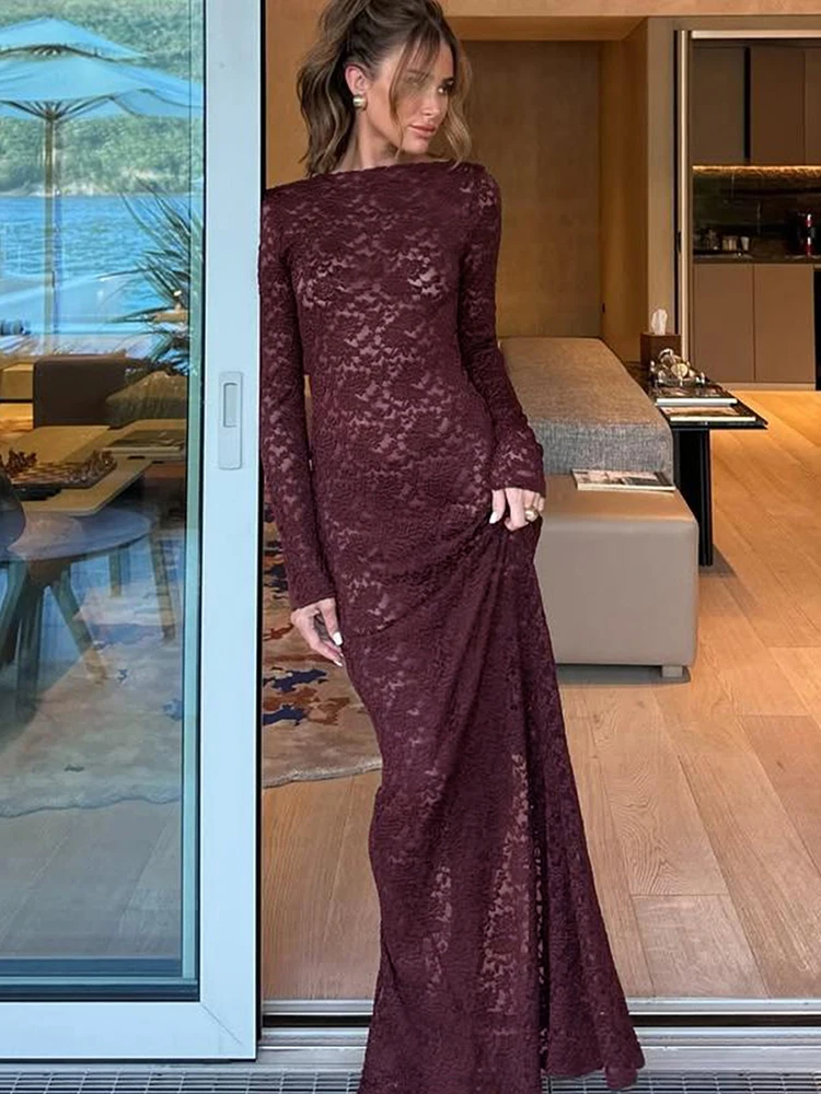 Whatiwear Jacquard Patchwork Maxi Dress Women Sexy See Through o-Neck Full Sleeve Midnight Prom Party Elegant Skinny Vestidos