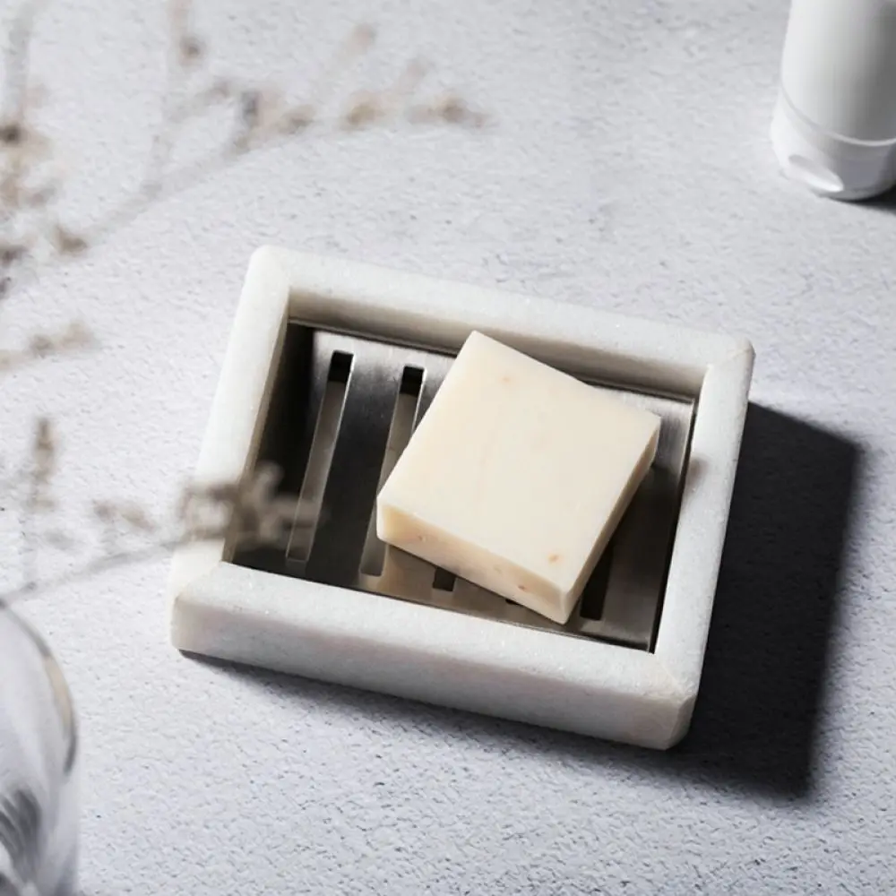 Luxury Nordic Style Soap Holder Marble Texture Stainless Steel Soap Dish Drainable Soap Rack Bathroom Counter Storage