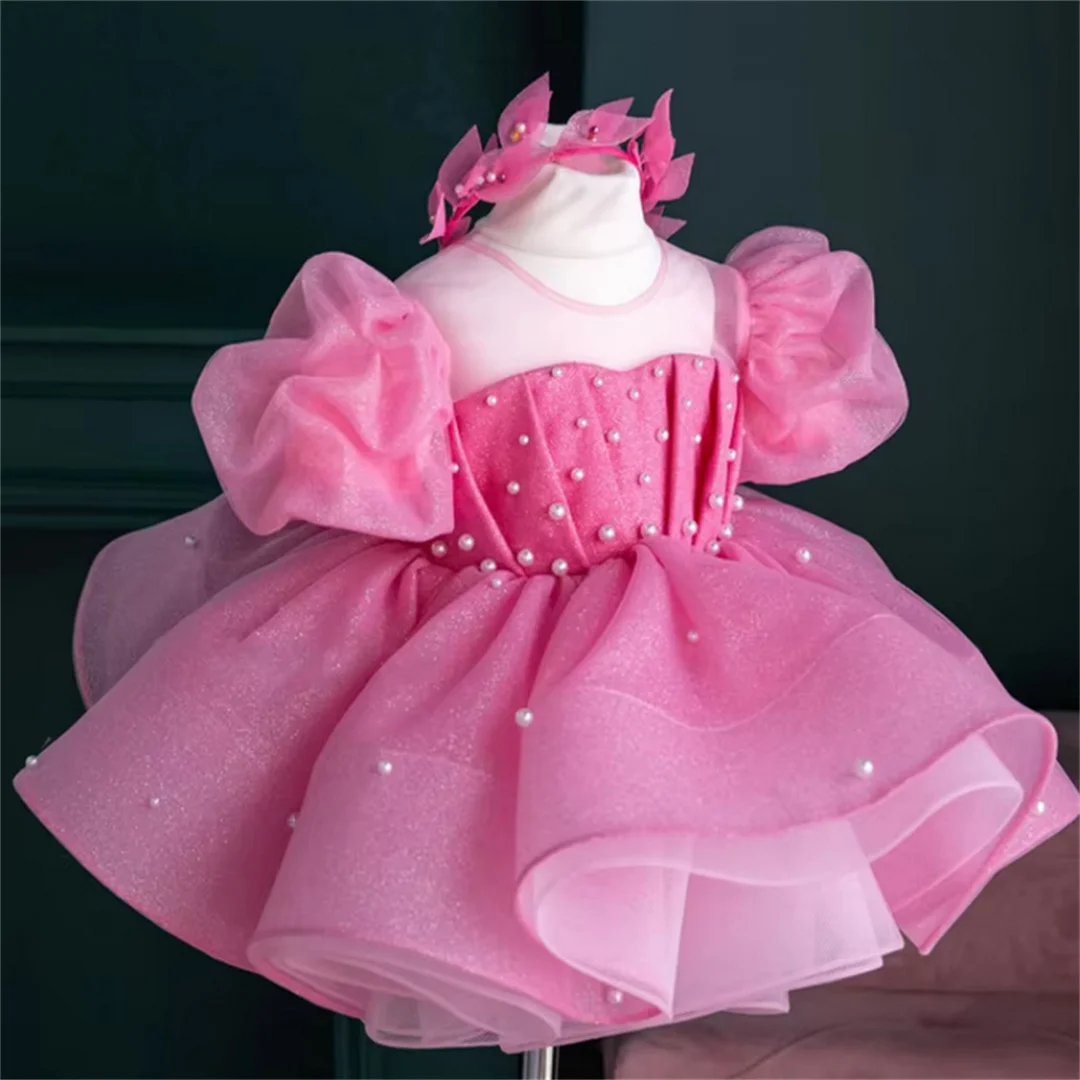 Fluffy Pink Baby Girl Dress with Big Bow Sheer Neck Princess Wedding Gown Toddler First Birthday Dress Kid Costumes