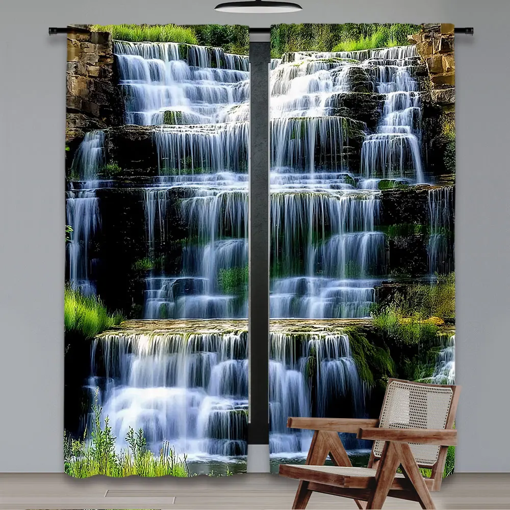 2Pcs Modern Landscape Curtains With Waterfall Design Suitable For Living Room Dining Room Kitchen Bedroom Bathroom Study Room