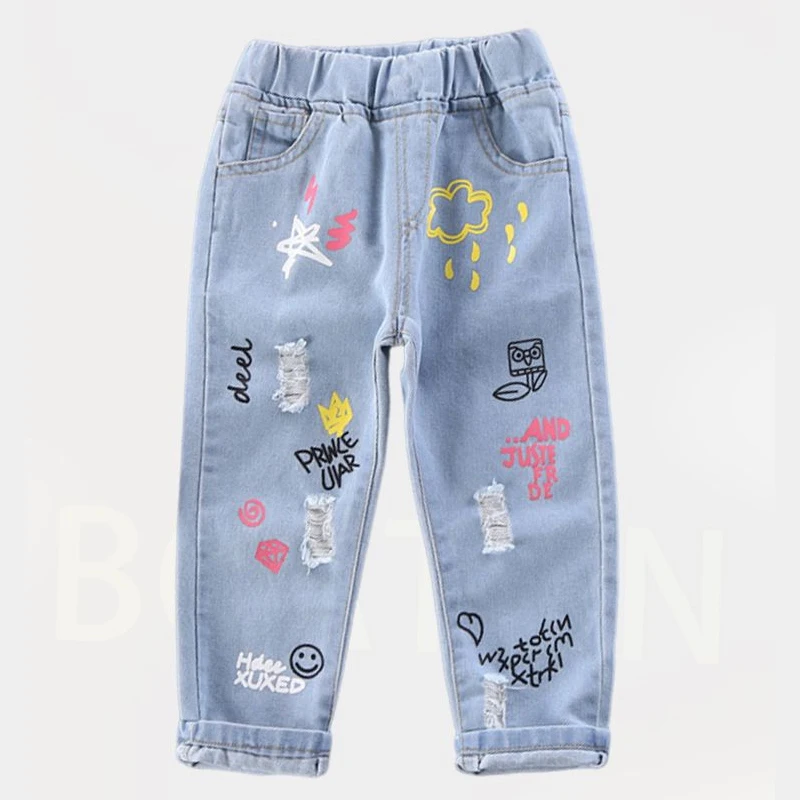 Kinder-Jeans Jungen Baumwolle Bedruckte Stretch-Denim-Hosen Koreanische Teenager-Hosen Kinderkleidung Denim Zerrissen Frühling Herbst
