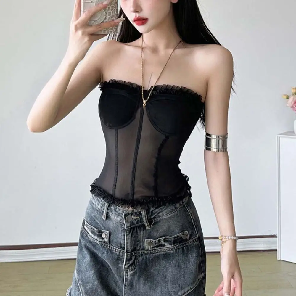 

Spicy Girl Style Sleeveless Lace Camisole Wrap Chest Bottoming Shirt Women Mesh Corset Tank Ruffle Slim Crop Tops Ladies
