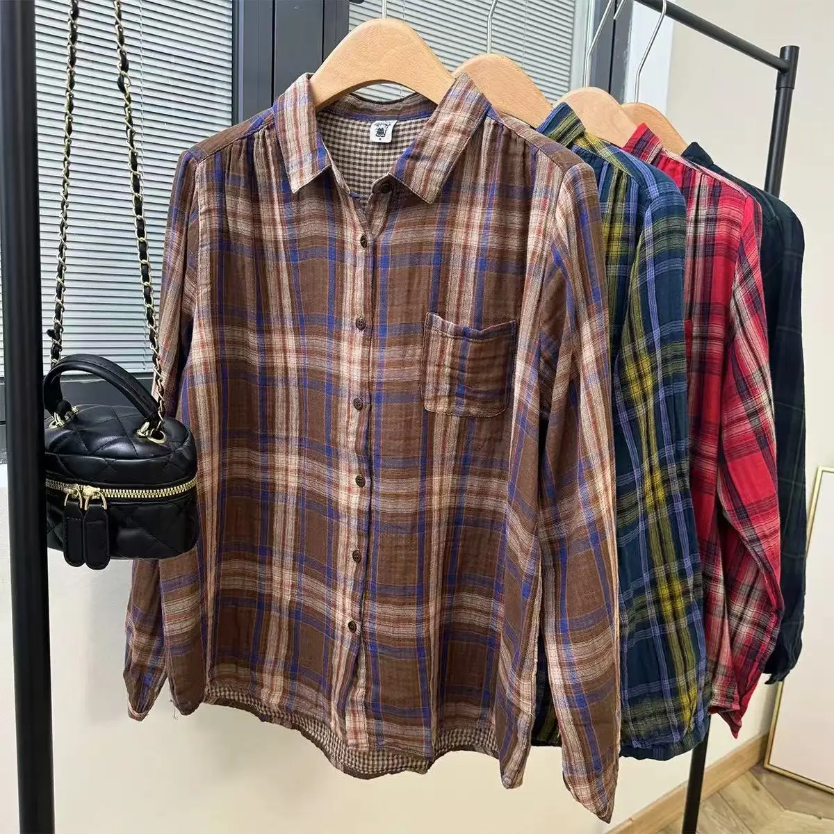 Women 100% Cotton Yarn Checkered Blouse Mori Girl Japan Preppy Style Long Sleeve Peter Pan Collar Red Plaid Shirts Lady Tops