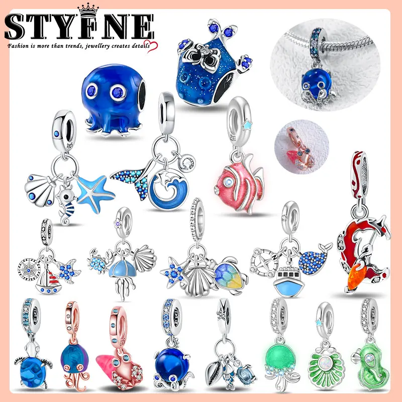 925 Sterling Silver Charm Blue Ocean Beads Jellyfish Whale Sea Turtle Pendant Fit Original Pandora Bracelet Women Jewelry Making