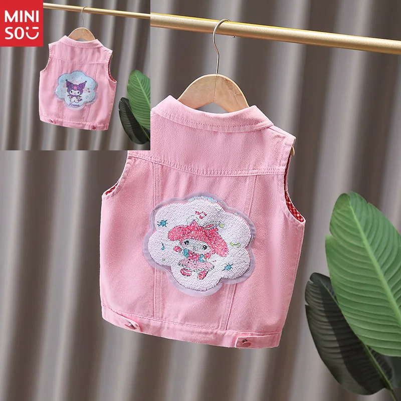 

Miniso 2025 Children's Clothing Girls Pink Denim Vest Spring Autumn Sequins Cartoon Sleeveless Jacket Baby Toddler Coat